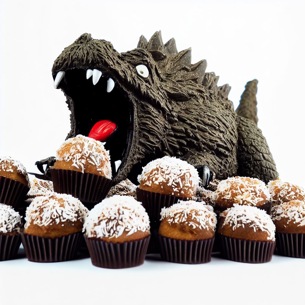 We asked CoPilot to make an image of "Godzilla eating too many lamingtons". This is what we got.